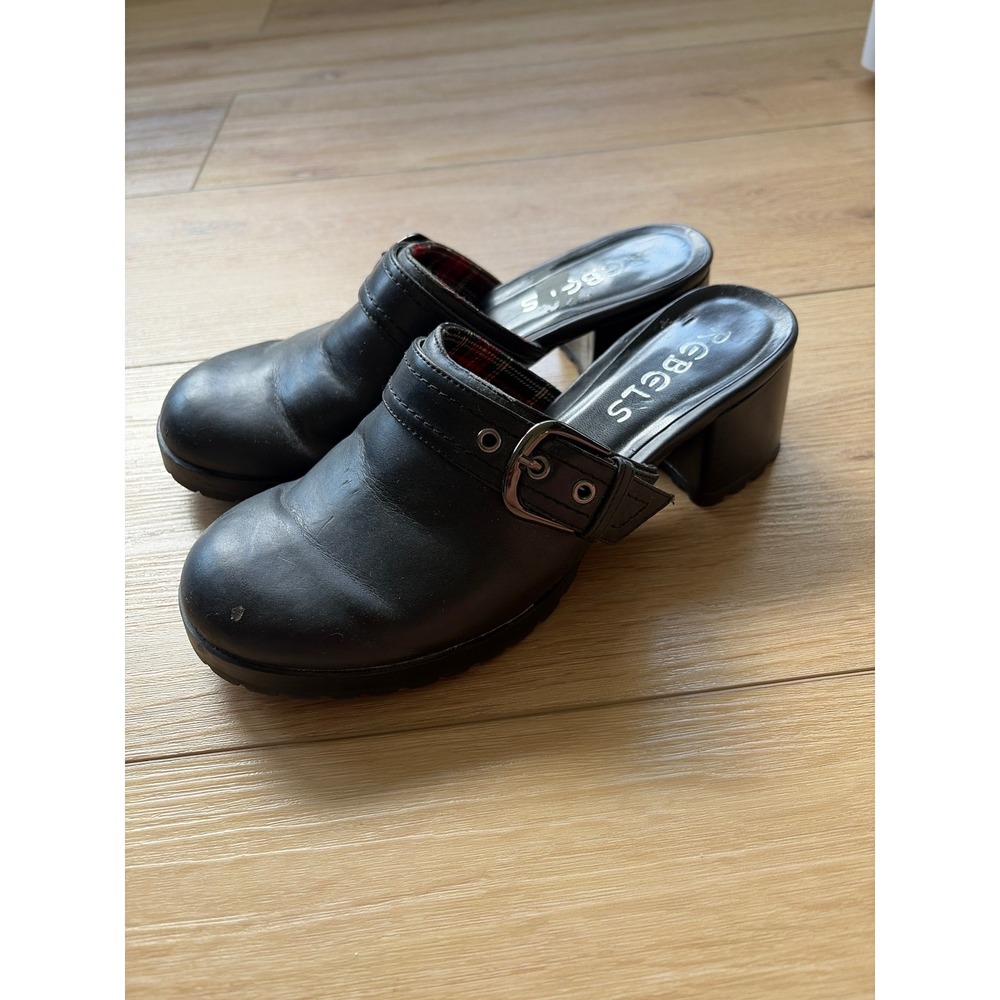 Rebels Black Platform Clogs Buckle Strap Lug Sole Plaid Lined Mules Womens 8 Y2K